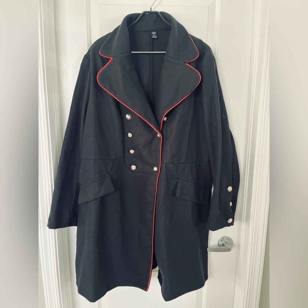 SHEIN Black Pea Coat with Red Piping never worn